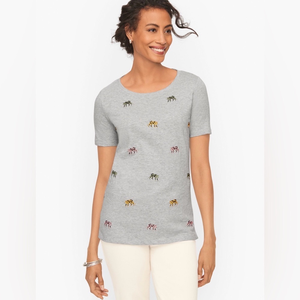 Talbots Novelty Cheetah Tee – Heather Gray – Size L | Embroidered Graphic Top